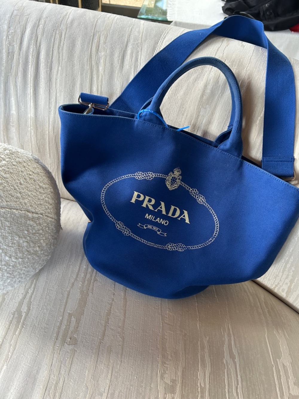 Prada Blue Canvas Tote with White Logo Large w COA - Picture 2 of 10